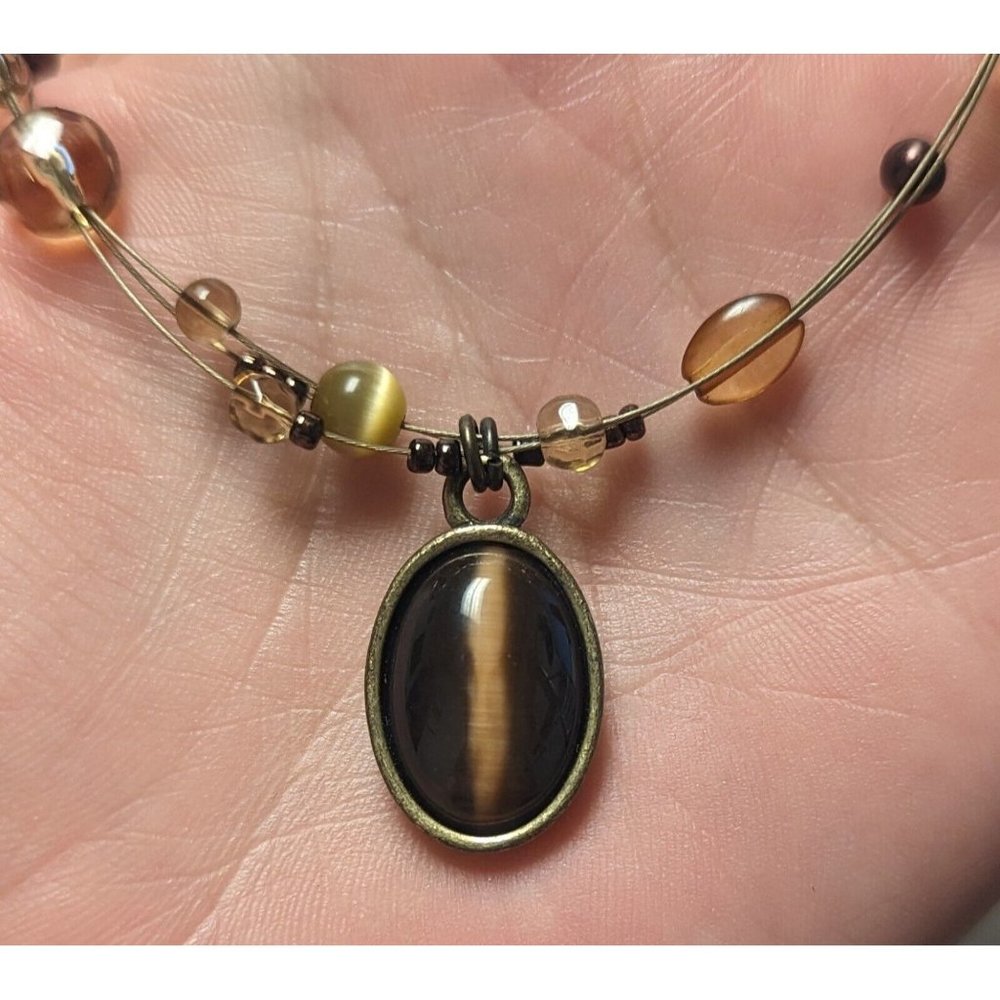 Lovely NY Tigers Eye Pendant Beaded Necklace Brown Tones Fall 18" - Picture 5 of 7